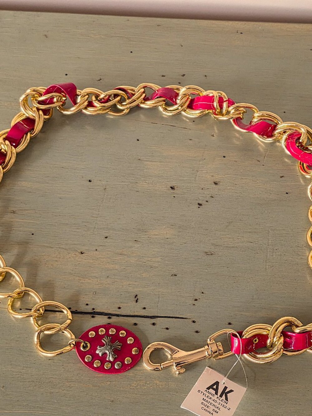 NWT Vintage Anne Klein Size S Chunky Gold Chain Red Vinyl Link Belt